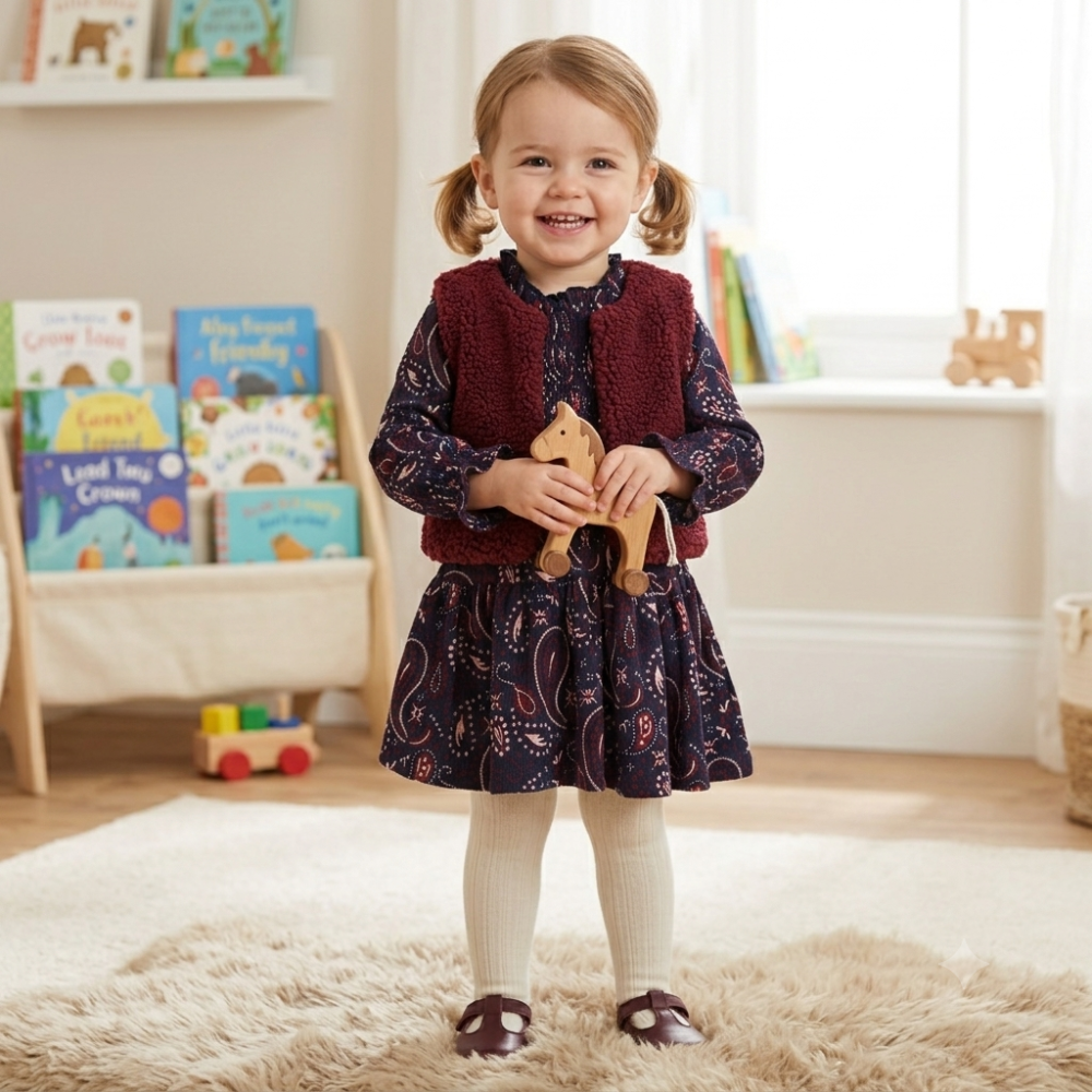 E08310: Baby Girls Borg Gilet & Floral Print Dress (9-24 Months) E08310: Baby Girls Borg Gilet & Floral Print Dress (9-24 Months)
